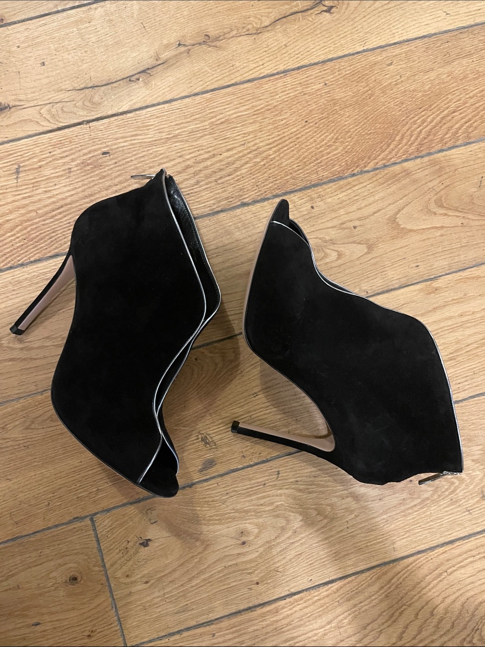 Gianvito Rossi Black Suede Peep-Toe Booties with Silver Piping
